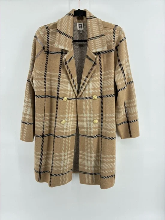 Anne Klein Tan Plaid Double-Breasted Pea Coat Cardigan Shacket - Picture 1 of 9